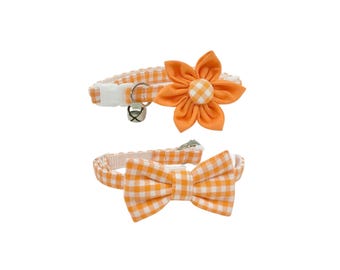 Orange Gingham Breakaway Cat Collar with Optional Flower or Bow Tie: Adjustable Sizes S-L