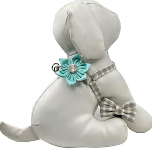 Turquoise And Brown Plaid Step in Dog Harness With Optional Flower Or Bow Tie, Pet Harness Sizes XXS, XS, S, M