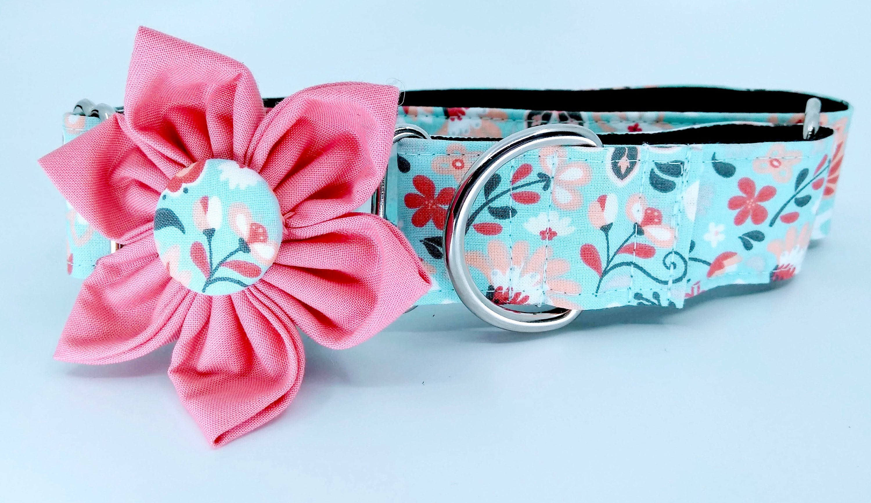 Teal Flower Print Martingale Dog Collar With Flower - Adjustable Slip…