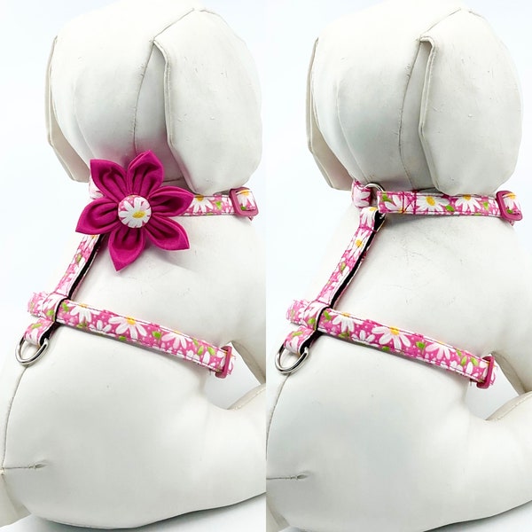 Pink Daisy Dog Harness With Optional Flower, Adjustable Pet Harness Sizes XSmall, Small,  Medium