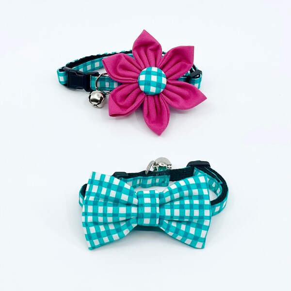 Teal Gingham Cat Collar With Optional Flower Or Bow Tie Breakaway Cat Collar Sizes S Kitten, Medium, Large