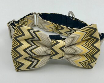 Martingale Dog Collar Bow tie set  1" And 1.5" - Yellow And Gray Chevron  Slip On Collar - Adjustable Sizes S, M,  L, XL