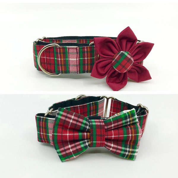 Red And Green Plaid Christmas Martingale Dog Collar With Optional Flower Or Bow Tie Slip On Collar Adjustable Sizes S, M,  L, XL