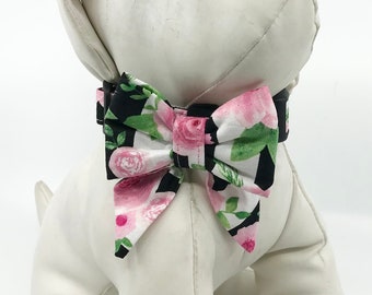 Dog Collar With Sailor Bow, Pink Roses On Black And White Stripes Adjustable Pet Collar Sizes XS, S, M, L, XL