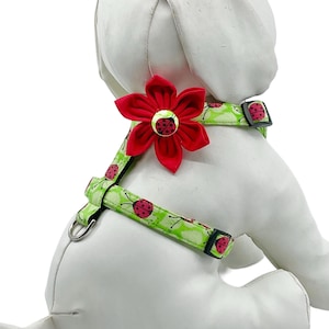 Green Lady Bug Dog Harness With Optional Red Flower Adjustable Sizes XS, S, M