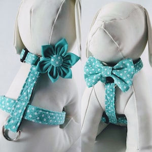 Dog Harness With Optional Flower Or Bow Tie, Turquoise / Aqua Tonal Polka Dots - Adjustable Pet Harness Sizes XSmall, Small, Medium