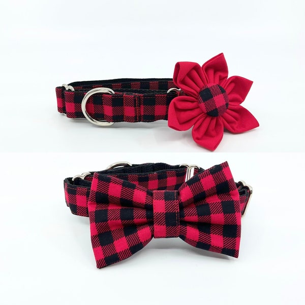 Red And Black Checkered Buffalo Plaid Martingale Dog Collar With Optional Flower Or Bow Tie, Slip On Collar Adjustable Sizes S, M,  L, XL