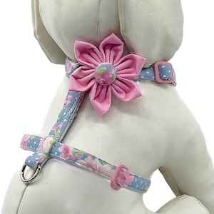 Floral Dog Harness With Optional Flower Pink Roses On Gray Polka Dot, Adjustable Pet Harness Sizes XS, S, M