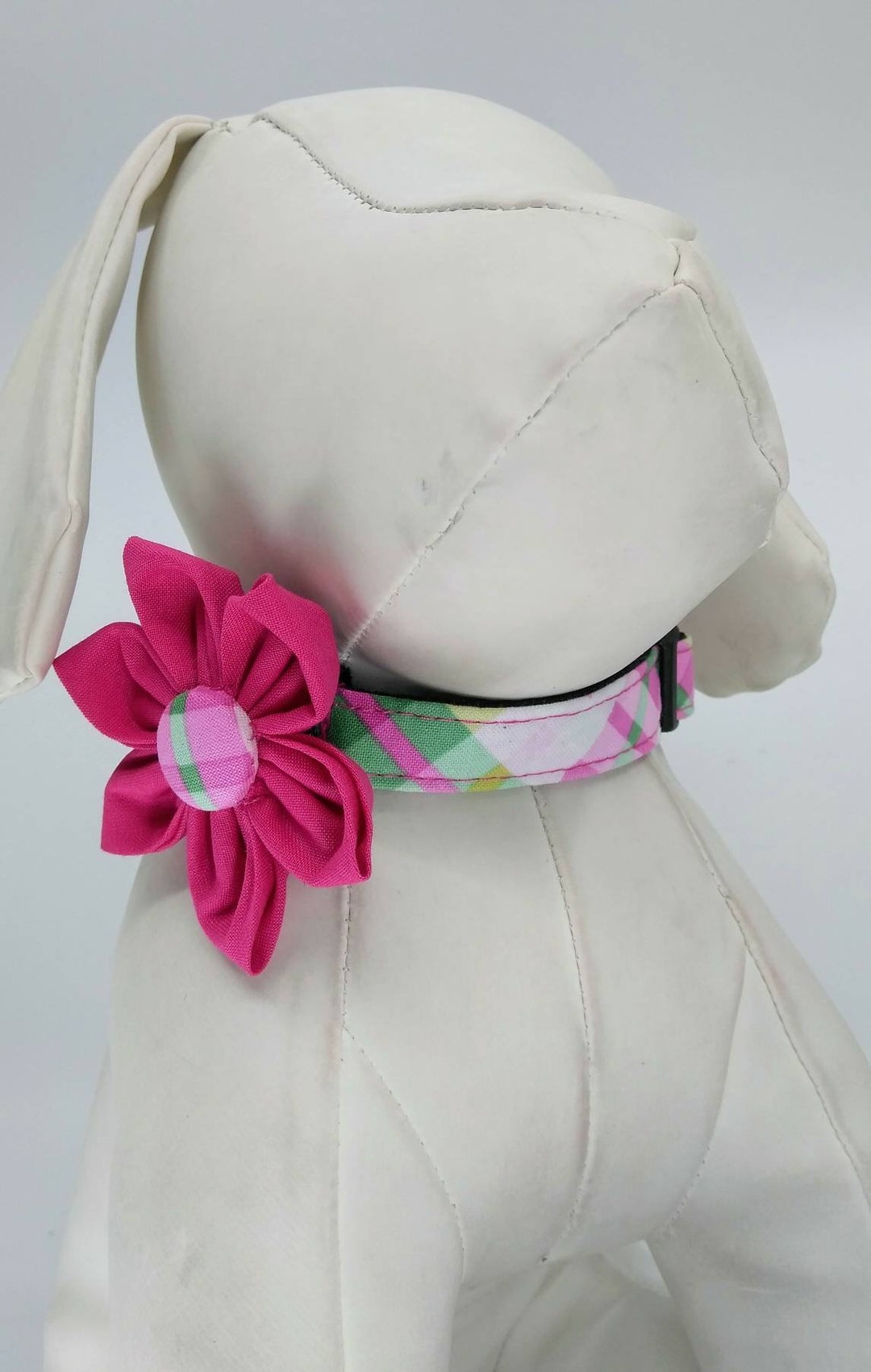 Dog Collar With Flower Hot Pink and Green Plaid Pet Collar Adjustable