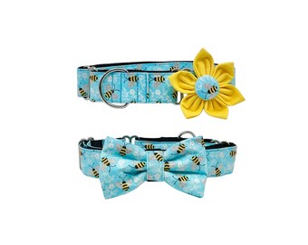 Sparkly Blue Bumble Bee Martingale Dog Collar with Optional Flower or Bow Tie: XS-XL