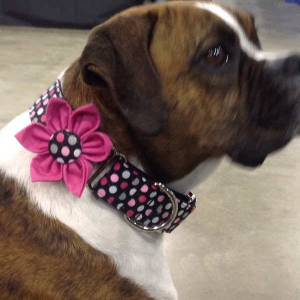 Martingale Dog Collar Flower Set 1" And 1.5 / Black & Pink Sparkly Polka Dot - Adjustable Sizes S, M,  L