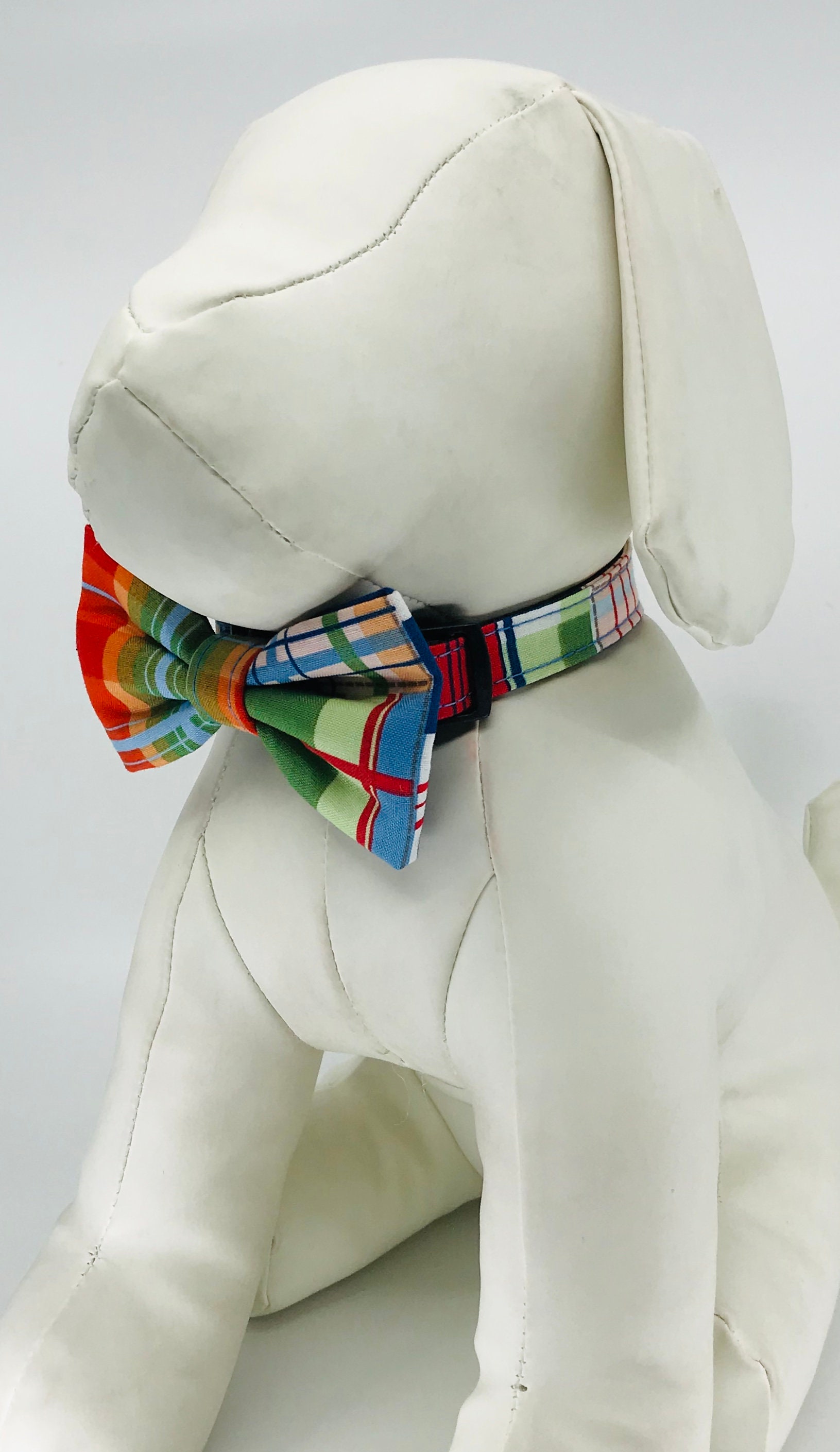 Bow Tie Dog Collar - Multi Plaid Patchwork Pet Collar Adjustable Size…
