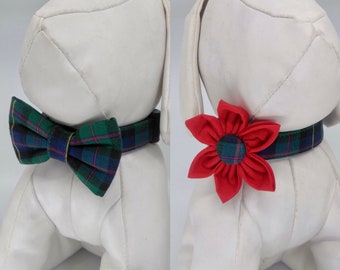 Green And Blue Tartan Plaid Collar With Flower Or Bow Tie, Adjustable Pet Collar Sizes XSmall, Small, Medium, Large, XLarge