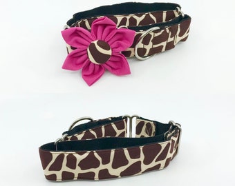 Giraffe Animal Print Martingale Dog Collar With Optional Flower Slip On Collar Adjustable Sizes S, M, L, XL