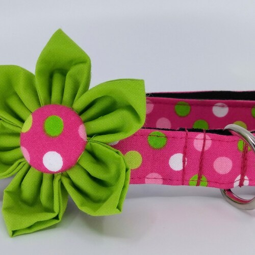 Hot Pink Gingham Dog Collar With Flower Adjustable Pet Collar Etsy