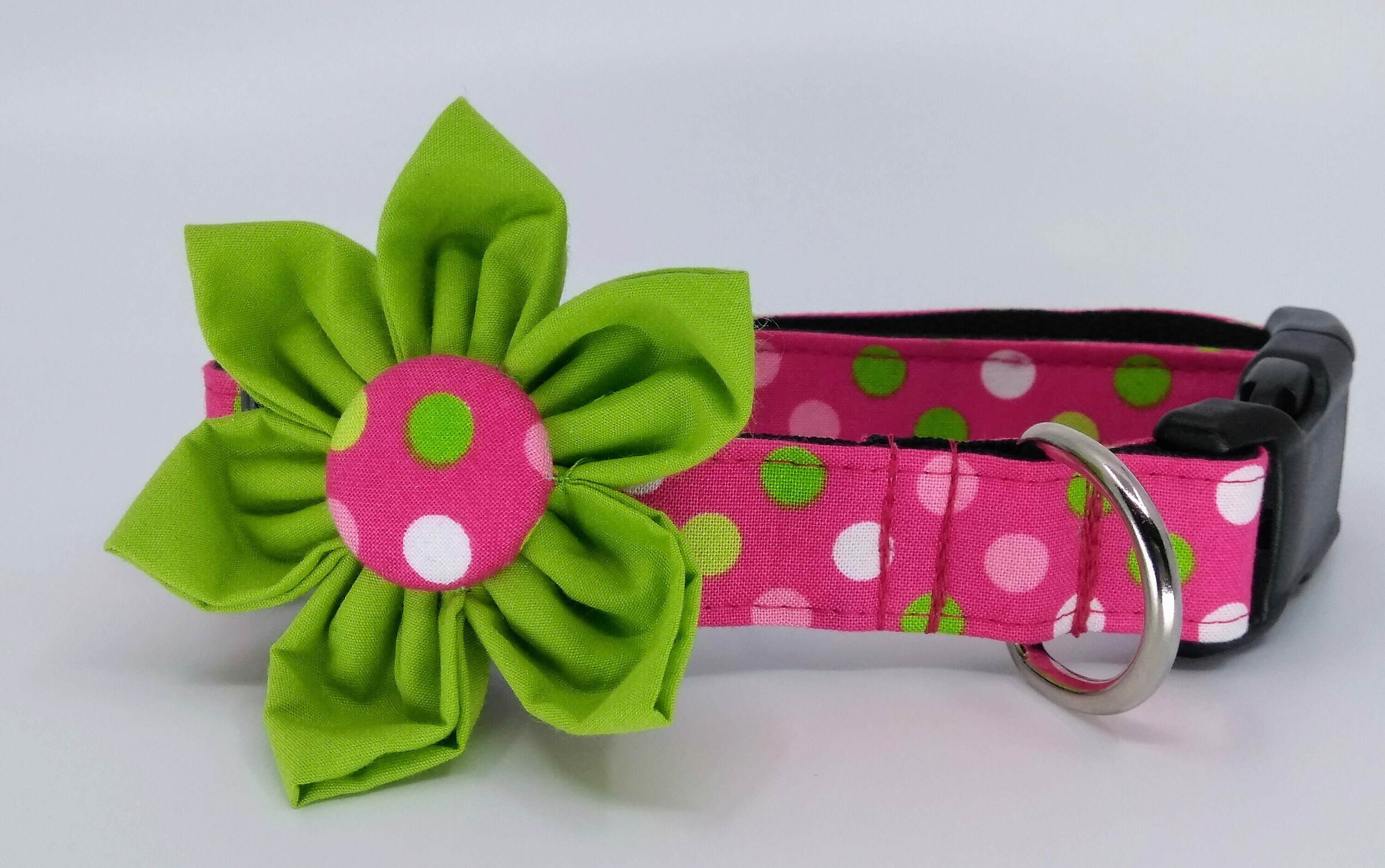Dog Collar With Flower - Hot Pink Multi Colored Polka Dots Adjustable…