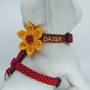 Personalized Dog Harness With Flower, Red Polka Dot Pet Harness, Adjustable Sizes XSmall, Small, Medium