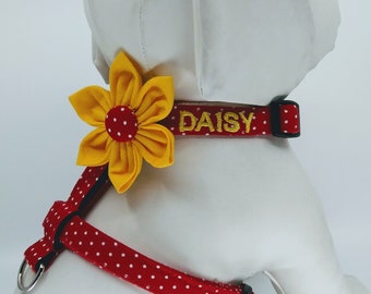 Personalized Dog Harness With Flower, Red Polka Dot Pet Harness, Adjustable Sizes XSmall, Small, Medium