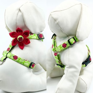 Girl Dog Harness With Optional Flower Green Lady Bug Adjustable Sizes  XS, S, M