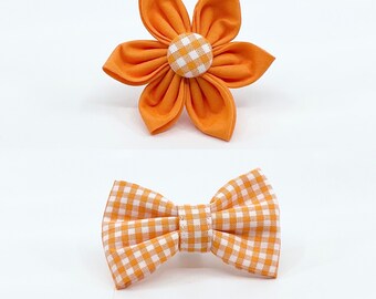 Orange  Gingham Flower Or Bow Tie Accessory For Your Dog’s Or Cat’s Harness Or Collar