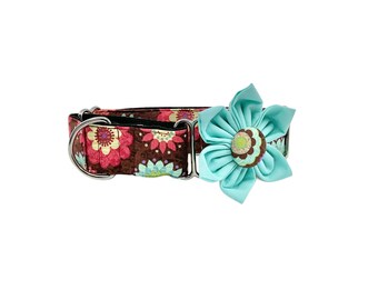 Martingale Dog Collar, Optional Flower, Multicolor Floral Print on Brown Slip On XS-XL