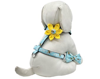 Dog Harness With Optional  Flower Or Bow Tie Blue Sparkly Bees Sizes XS-M