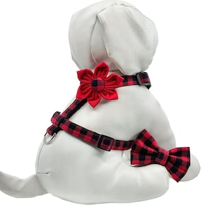 Red And Black Check Buffalo Dog Harness With Optional Flower Or Bow tie, Pet Harness Adjustable Sizes XSmall, Small, Medium, Large