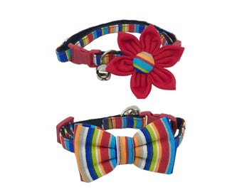 Cat Collar With Optional Flower Or Bow Tie Bright Stripes: Breakaway Sizes S-L
