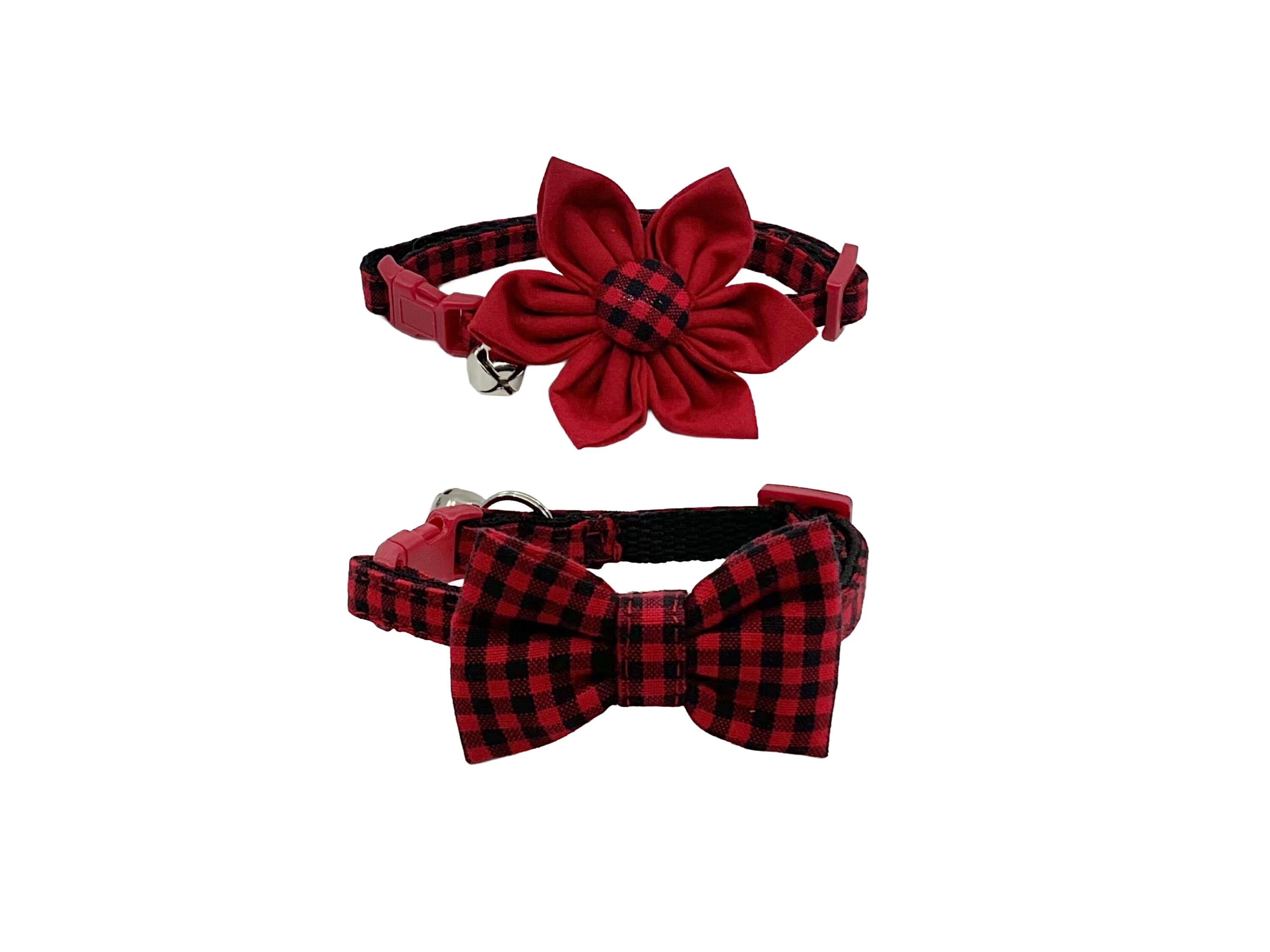 Red & Black Buffalo Check Cat Collar, Optional Flower Or Bow Tie Breakaway S-L
