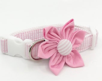 Pink Striped Seersucker Dog Collar With Flower - Adjustable Pet Collar Sizes XSmall, Small, Medium, Large, XLarge