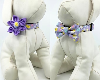 Easter Dog Collar With Optional Flower Or Bow Tie Yellow Chicks And Flowers on Purple Pet Collar Adjustable Sizes  XS, S, M, L, XL