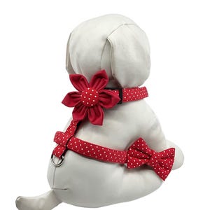 Dog Harness With Optional Flower Or Bow Tie Red And White Polka Dot, Adjustable Pet Harness Sizes  XS, S, M, L