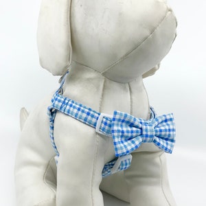Step in Dog Harness With Optional Bow Tie, Light Blue Plaid Adjustable Pet Harness Sizes XXS, XS, S, M