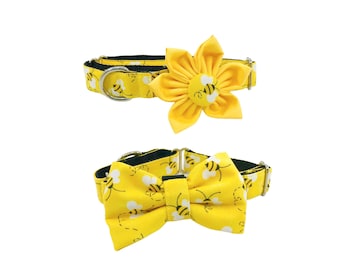 Yellow Bumble Bee Martingale Dog Collar With Optional Flower Or Bow Tie, XS-XL