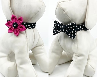 Dog Collar With Optional Flower Or Bow Tie Black Polka Dot Pet Collar Adjustable Sizes XS, S, M, L, XL