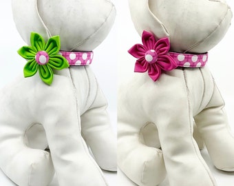 Pink Polka Dot Dog Collar With Optional Pink Or Green Flower Adjustable Dog Collar  - Size XS, S, M