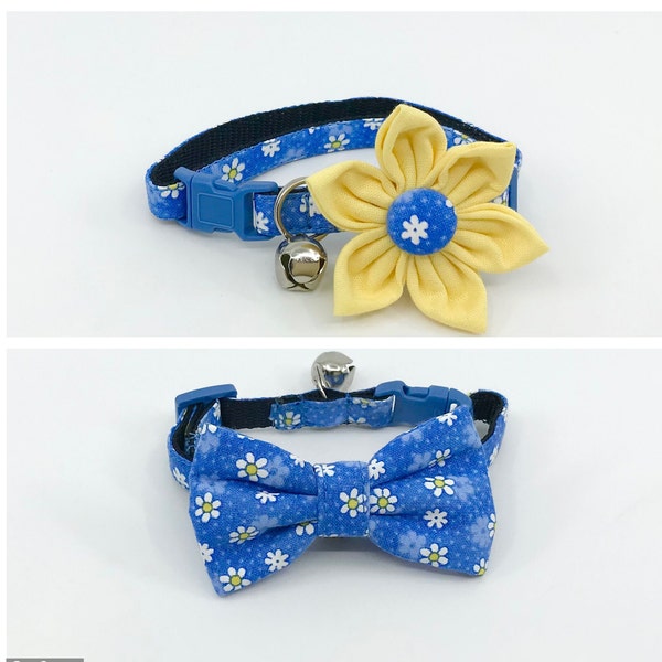 Blue Daisy Cat Collar With Optional Bow Tie Or Flower, Available In 3 Adjustable Breakaway Collar Sizes S Kitten, Medium, Large