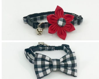 Cat Collar With Optional Flower Or Bow Tie, Black And White Buffalo Checkered Breakaway Pet Collar, Available  In S Kitten, Medium, Large