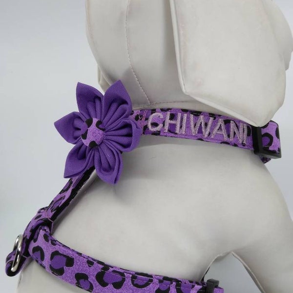 Personalized Purple Leopard Print Dog Harness With Optional Flower - Animal Print Pet Harness - Size XSmall, Small, Medium