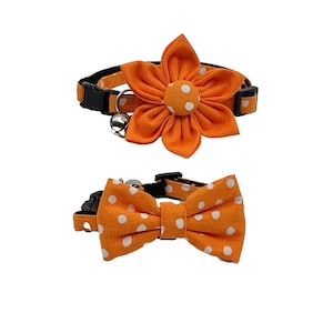 Orange Polka Dot Cat Collar With Optional Flower Or Bow Tie Bell Pet Collar, Available In 3 Sizes  Small Kitten, Medium, Large