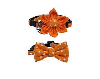 Orange Polka Dot Cat Collar With Optional Flower Or Bow Tie: Breakaway S-L