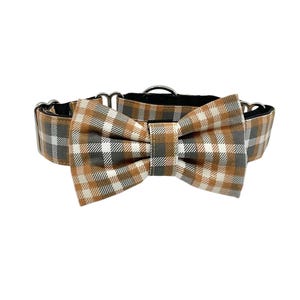 Martingale Dog Collar with Optional Bow Tie, Brown And Gray Plaid: Slip on XS-XL