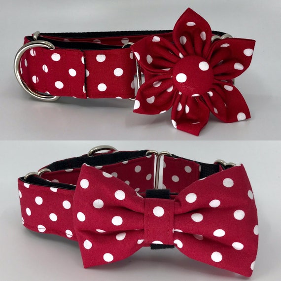 XL Sizes S Holiday Martingale Dog Collar Flower/Bow Tie Set- Red/Black/Silver Plaid L M 