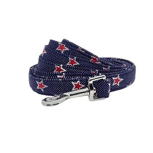 Patriotic Red Stars on Blue Polka Dot Dog leash, Swivel Hook Pet Lead in a 4 or 5 Foot Length