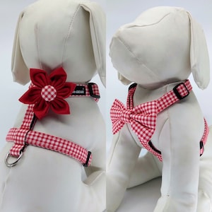 Red Gingham Dog Harness With Optional Flower Or Bow Tie, Adjustable Pet Harness Sizes XSmall, Small,  Medium, Large