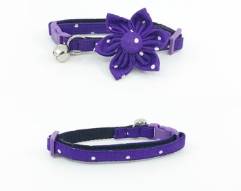 Purple Polka Dot Cat Collar With Optional Flower Available In 3 Sizes, S Kitten, Medium, Large