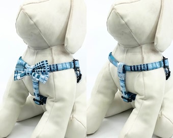 Step In Harness With Optional Bow Tie Blue Madeira Plaid Patchwork Pet Harness Adjustable Sizes XXS, XS, S, M