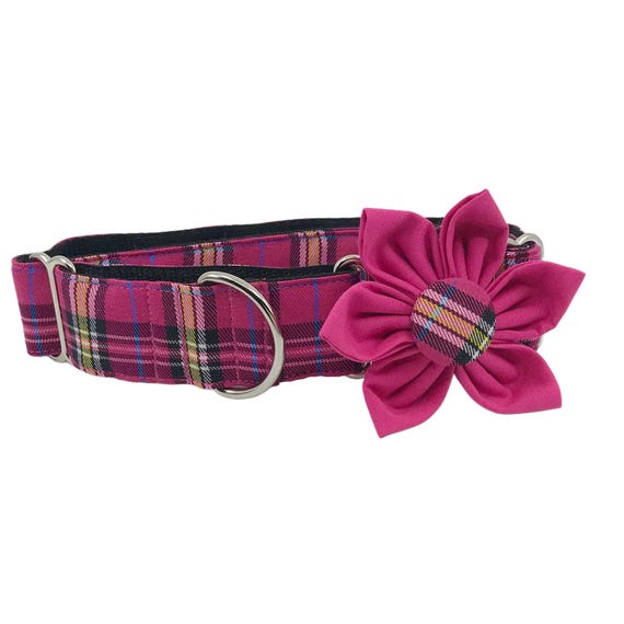 Hot Pink Plaid Martingale Dog Collar With Optional Flower