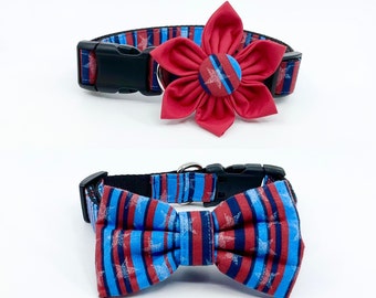 Stars On Red And Blue Stripes Patriotic Dog Collar With Optional Flower Or Bow Tie In Adjustable Sizes XSmall, Small, Medium, Large, XLarge