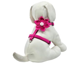 Solid Hot Pink Dog Harness With Optional Flower: Adjustable Sizes XS-M